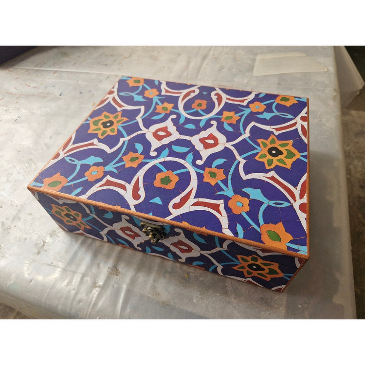 جعبه چوبی دکوپاژ طرح بته جقه زرد