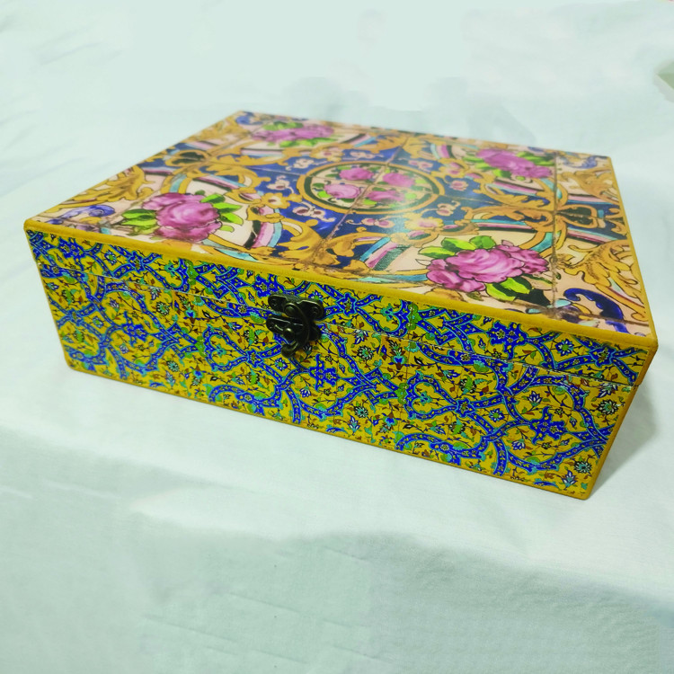 جعبه چوبی دکوپاژ طرح کاشی کاری گل زرد